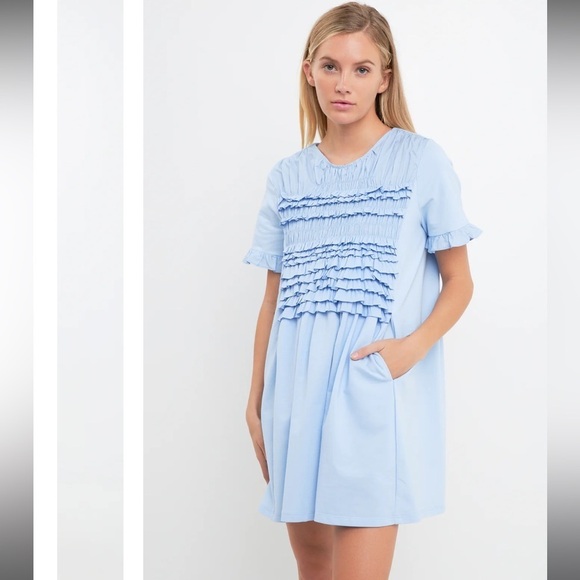 English Factory Mixed Media Ruffle Detail Dress Powder Blue - Picture 3 of 8
